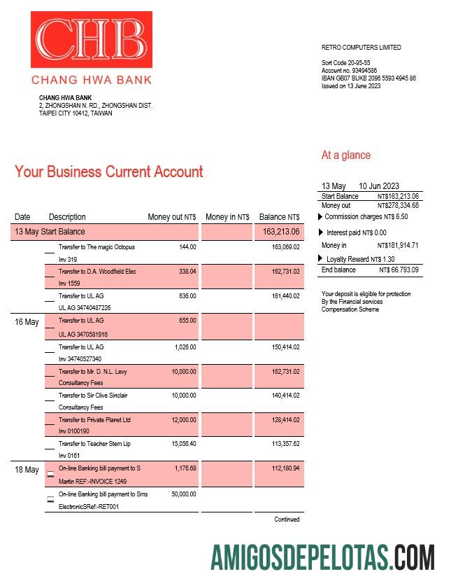 Modelo Realista Chang Hwa Bank Business Statement Word e PDF